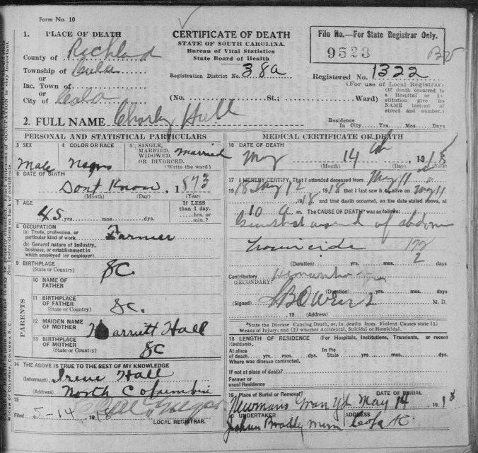 Charley Hall's death certificate