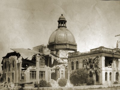 The dome rests, intact, on the ruins of the courthouse